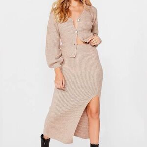 Cream Knitted Cardigan and Midi Skirt Set - Soft and Fuzzy
